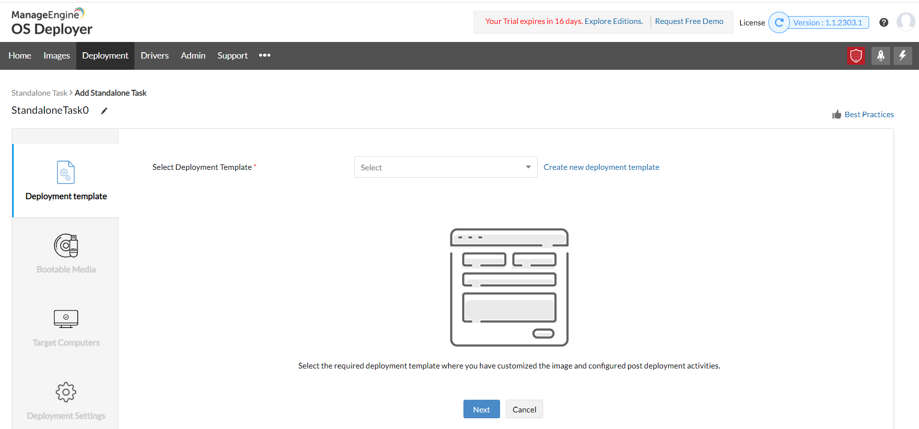 Painel de templates de implantação do OS Deployer