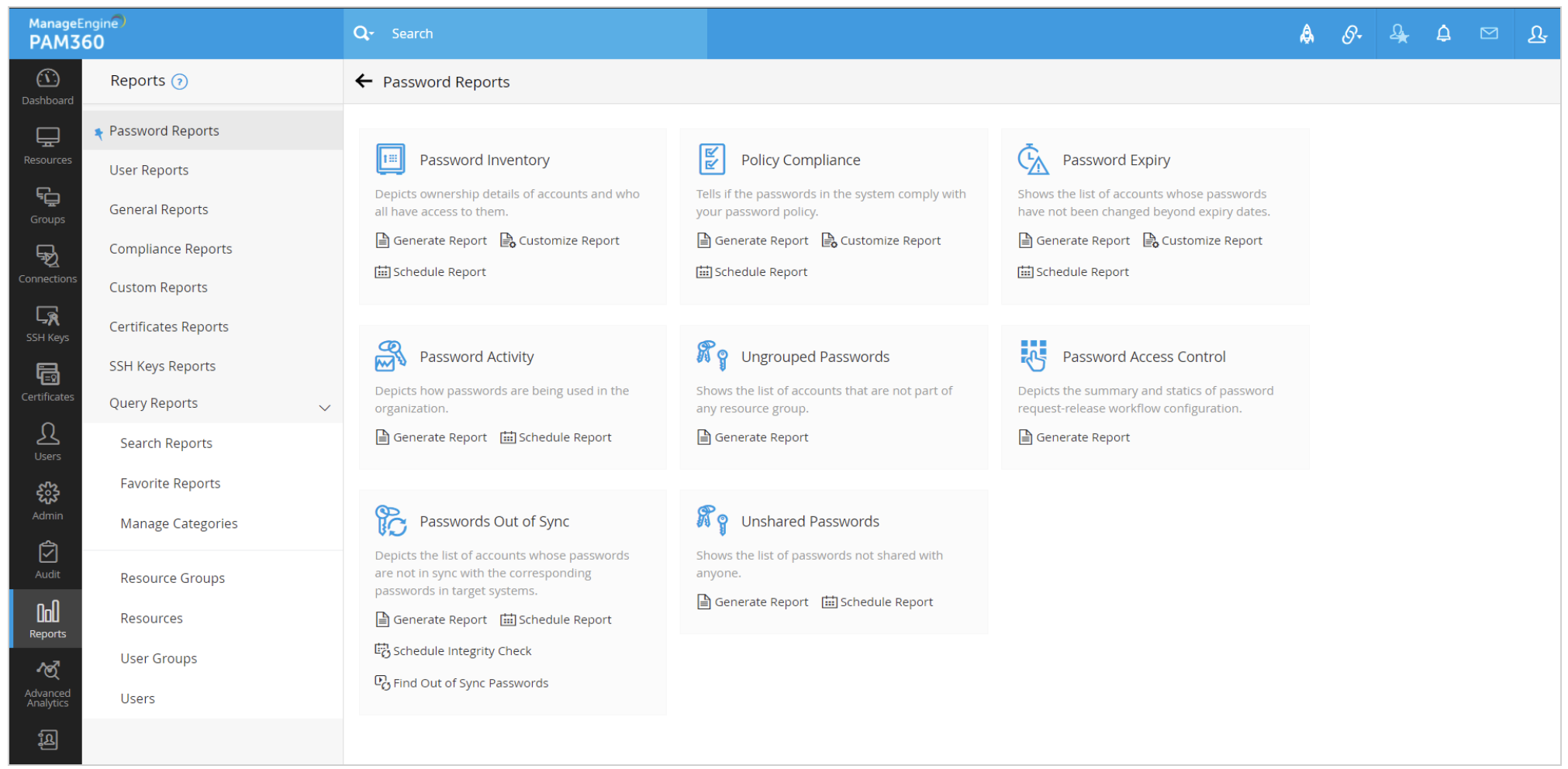 password reports on PAM360