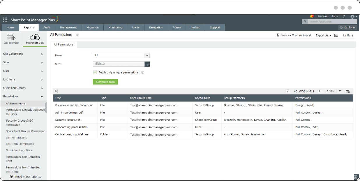 Painel de relatórios com todas as permissões no SharePoint Manager Plus