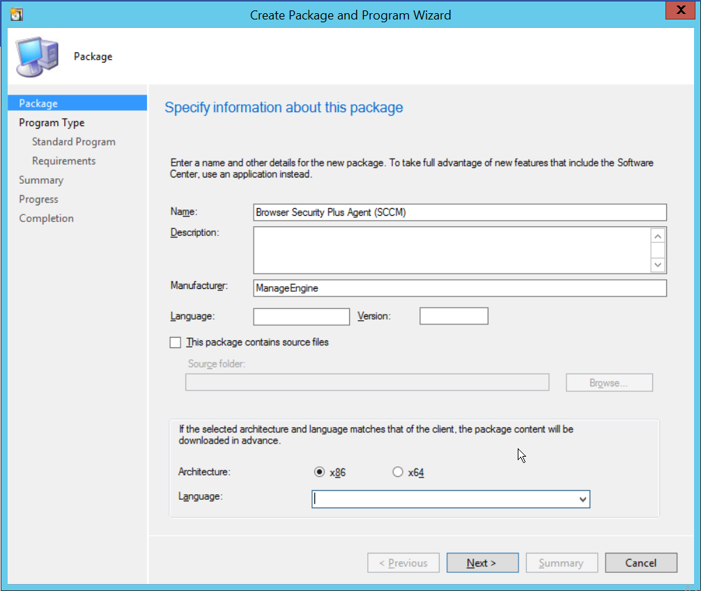 Instalación del agente mediante SCCM | ManageEngine Browser Security Plus