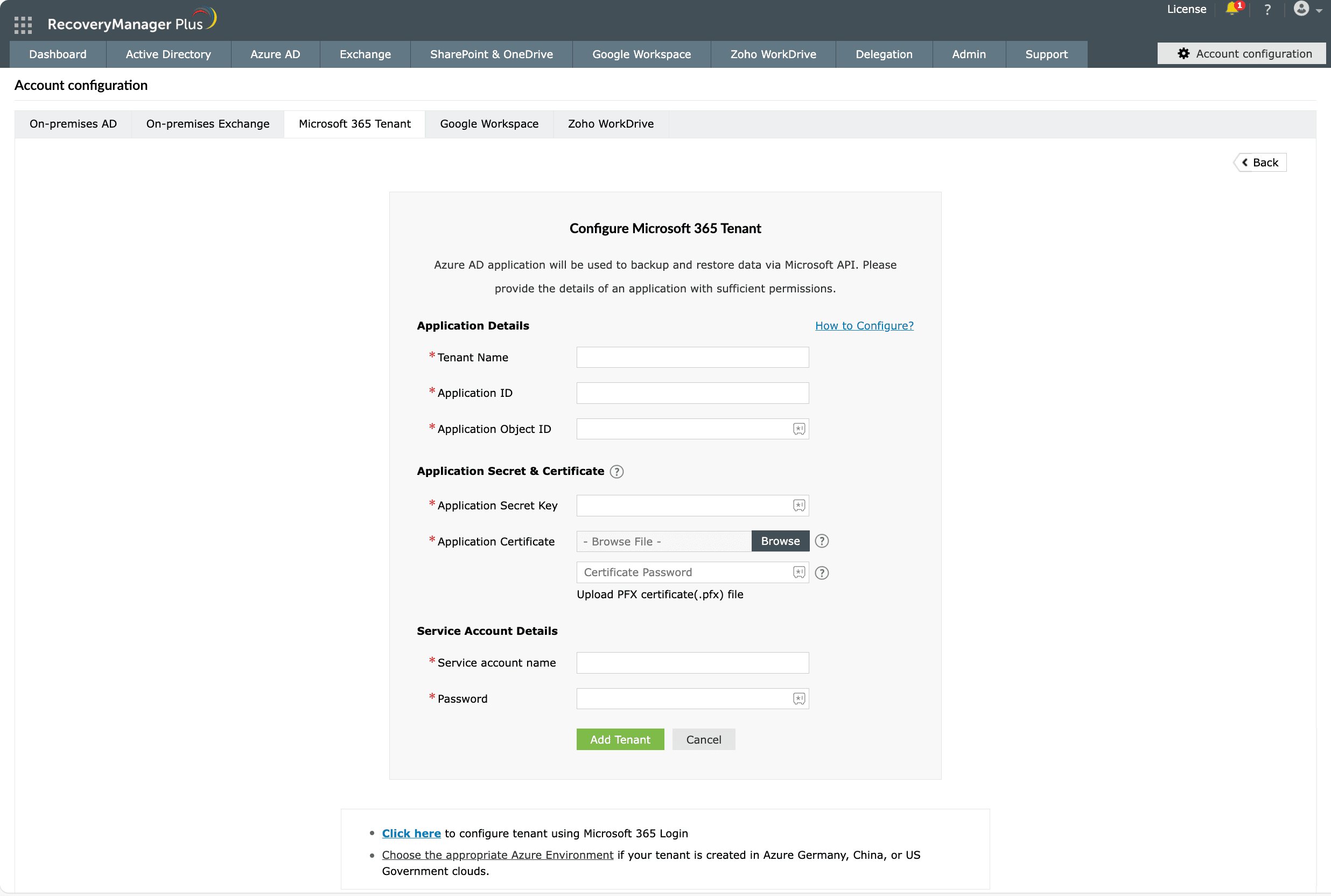 Azure application configuration in RecoveryManager Plus
