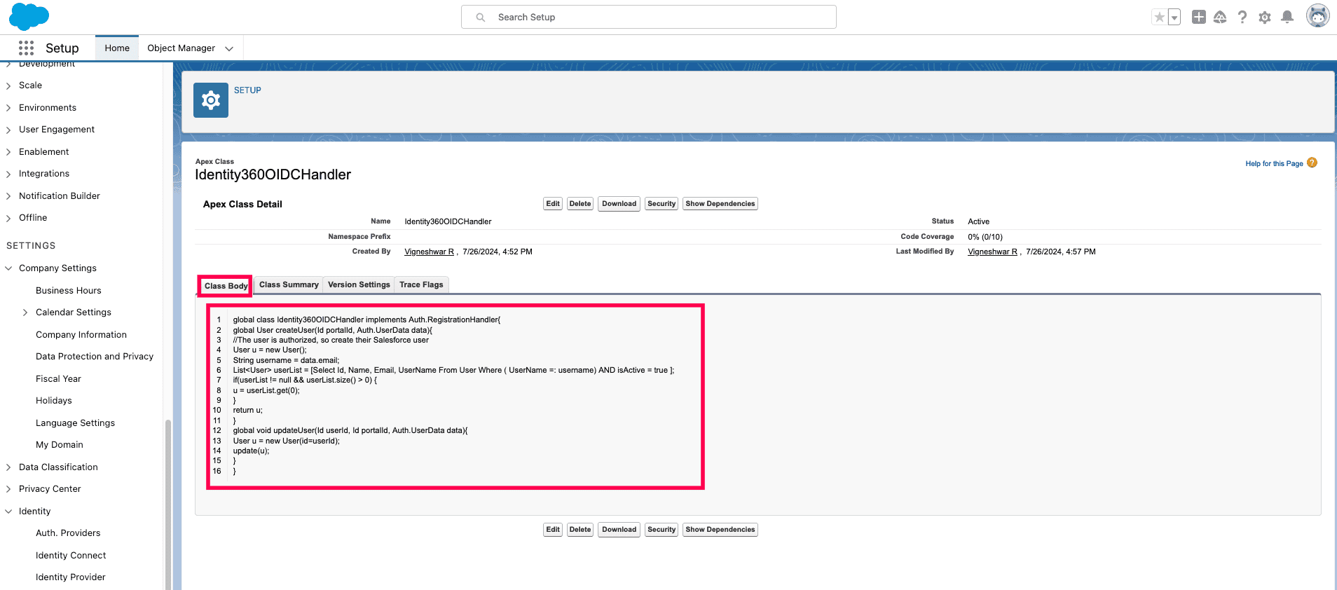 Code snippet replacement in the Class Body tab of Salesforce