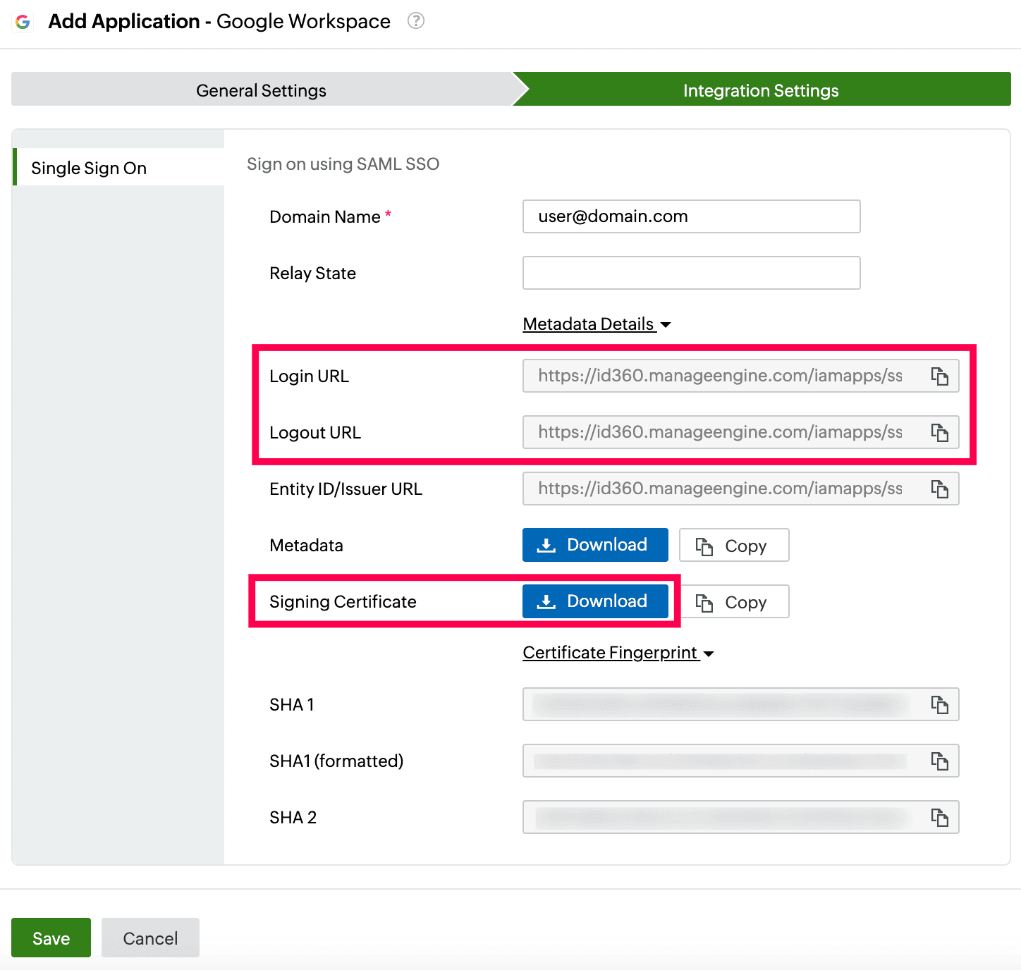 Identity360 application configuration integration settings