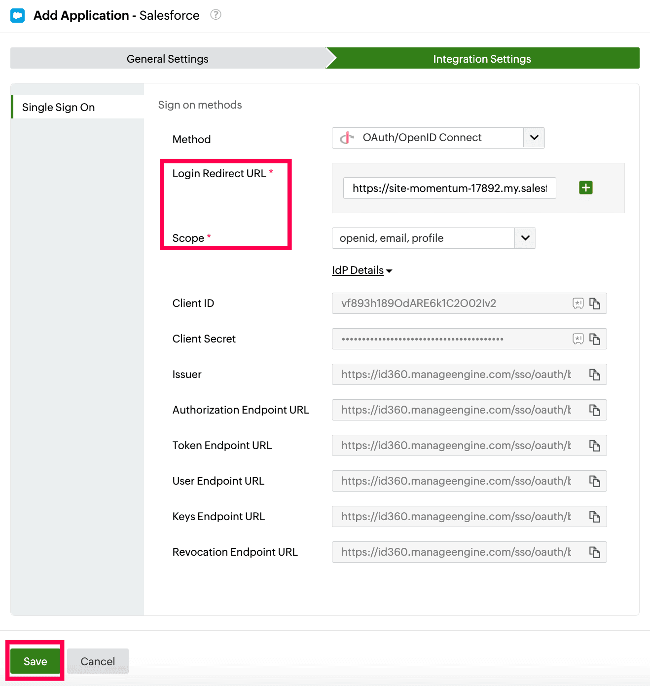 Identity360 application configuration integration settings