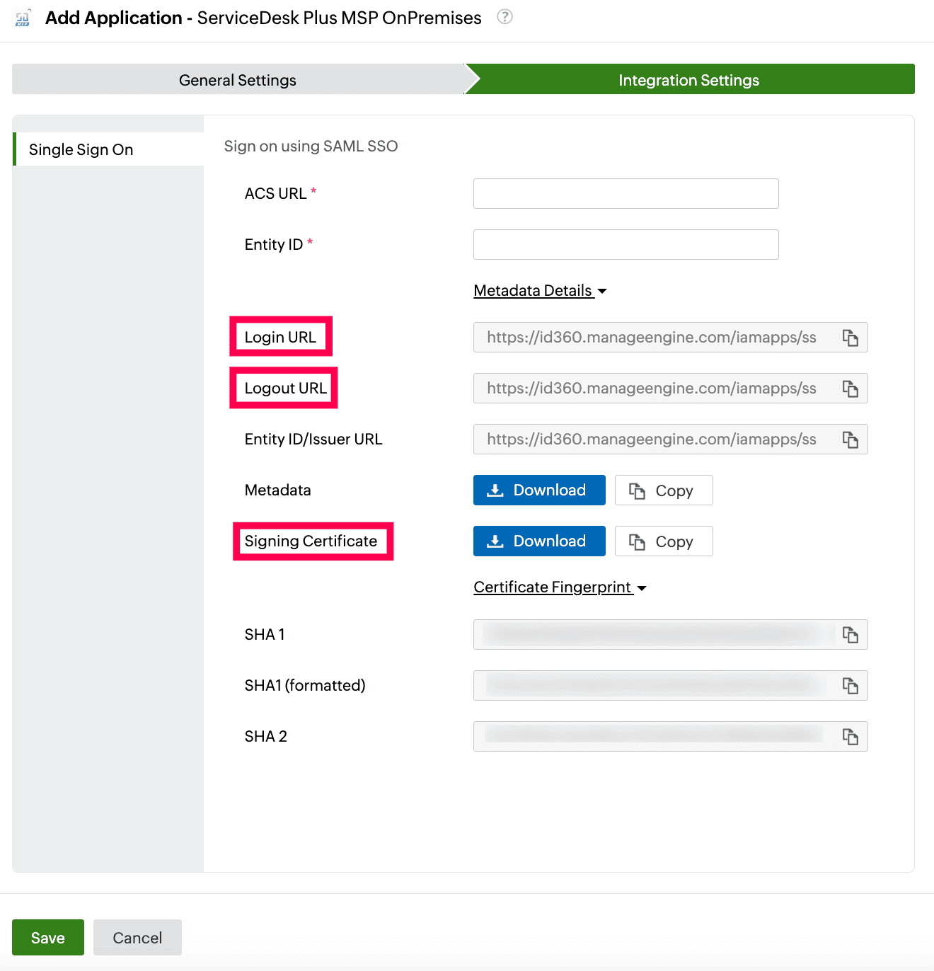 Identity360 application configuration integration settings