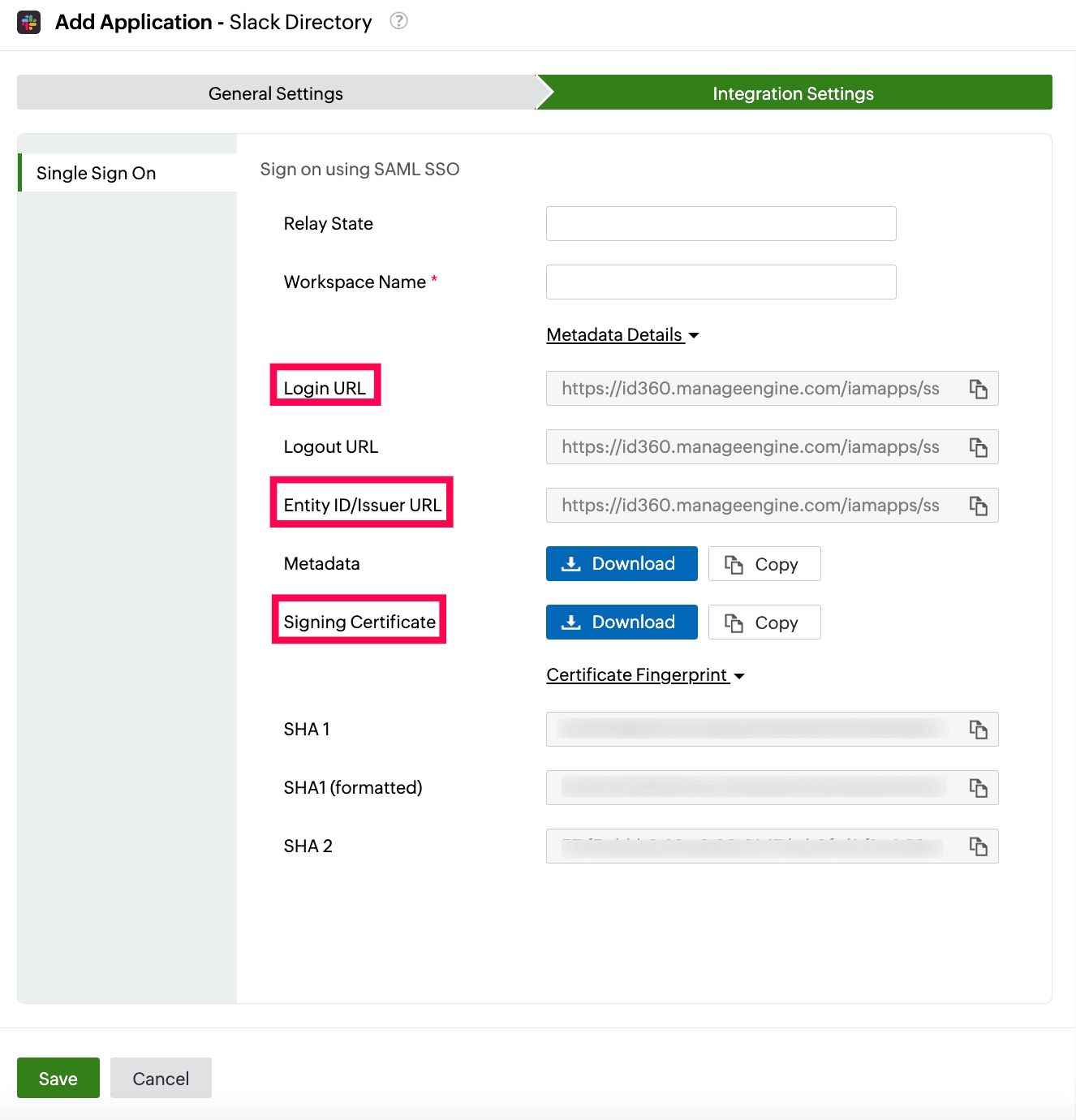 Identity360 application configuration integration settings