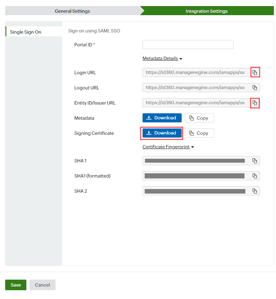 Identity360 application configuration integration settings