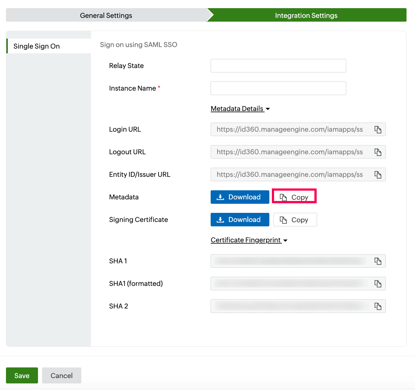 Identity360 application configuration Integration Settings