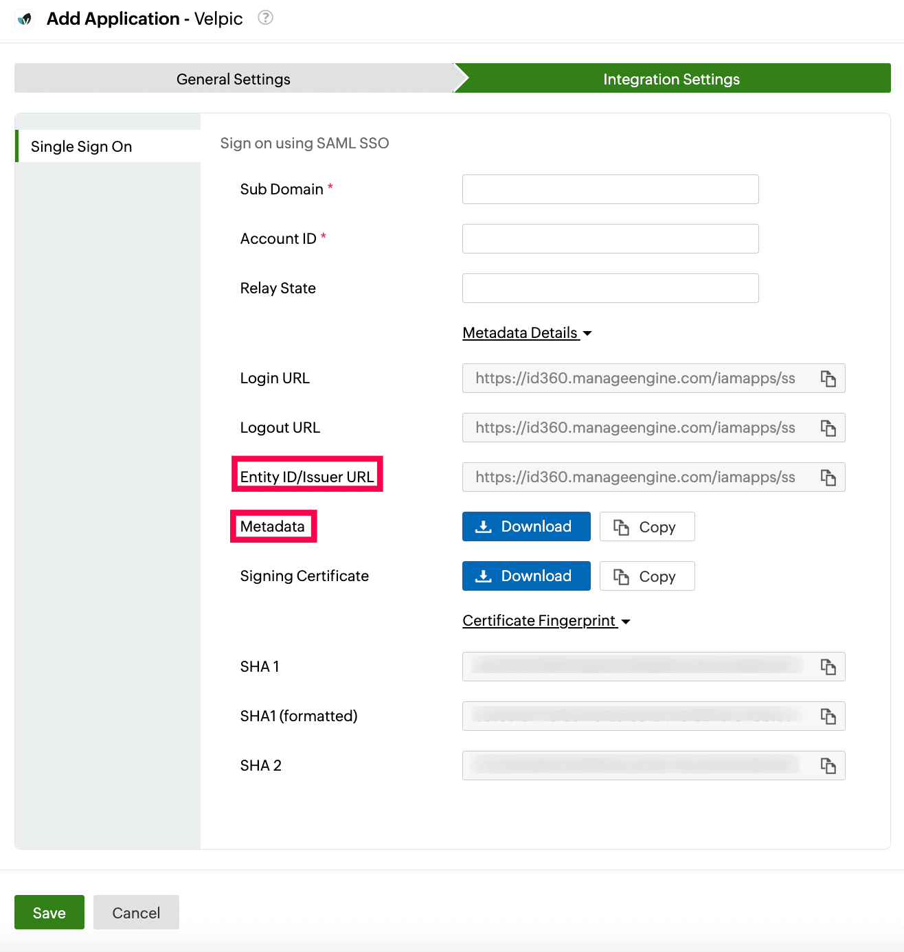 Identity360 application configuration integration settings