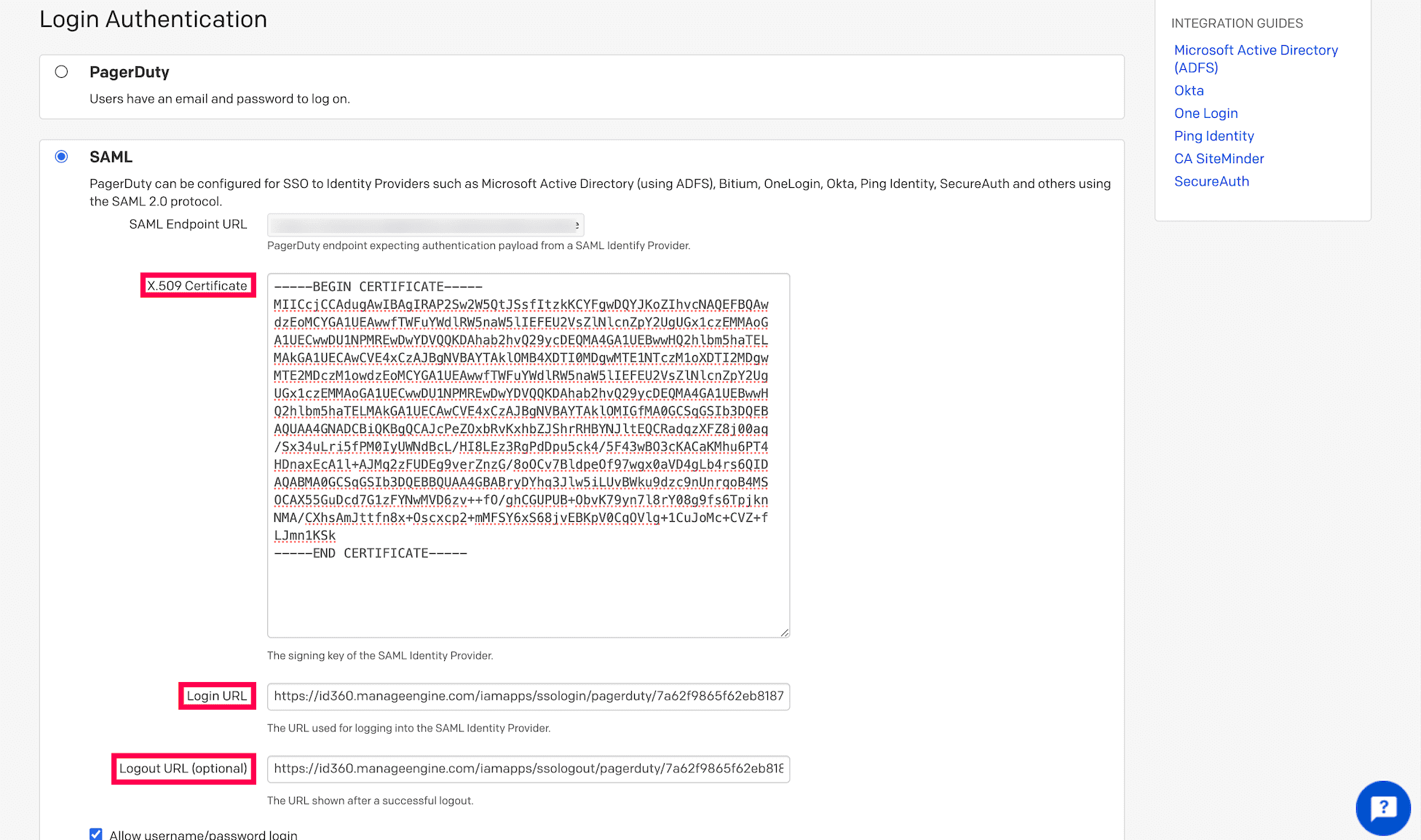 PagerDuty SSO configuration details