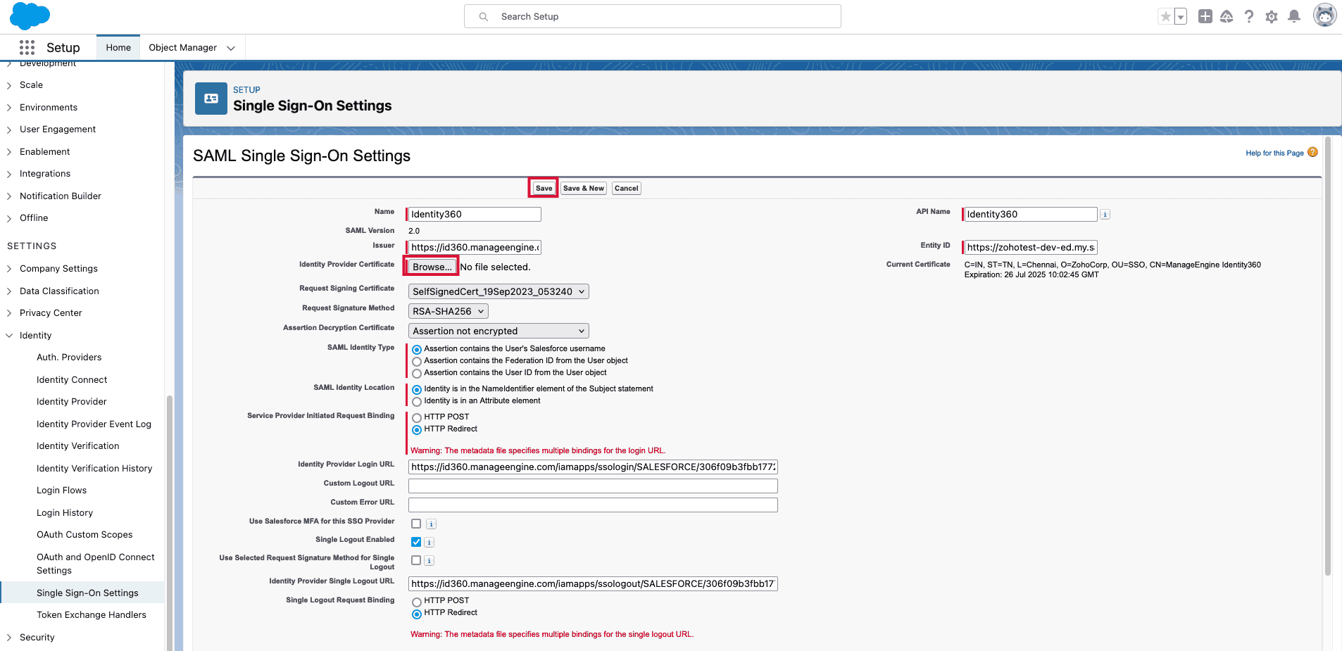 Salesforce signing certificate configuration