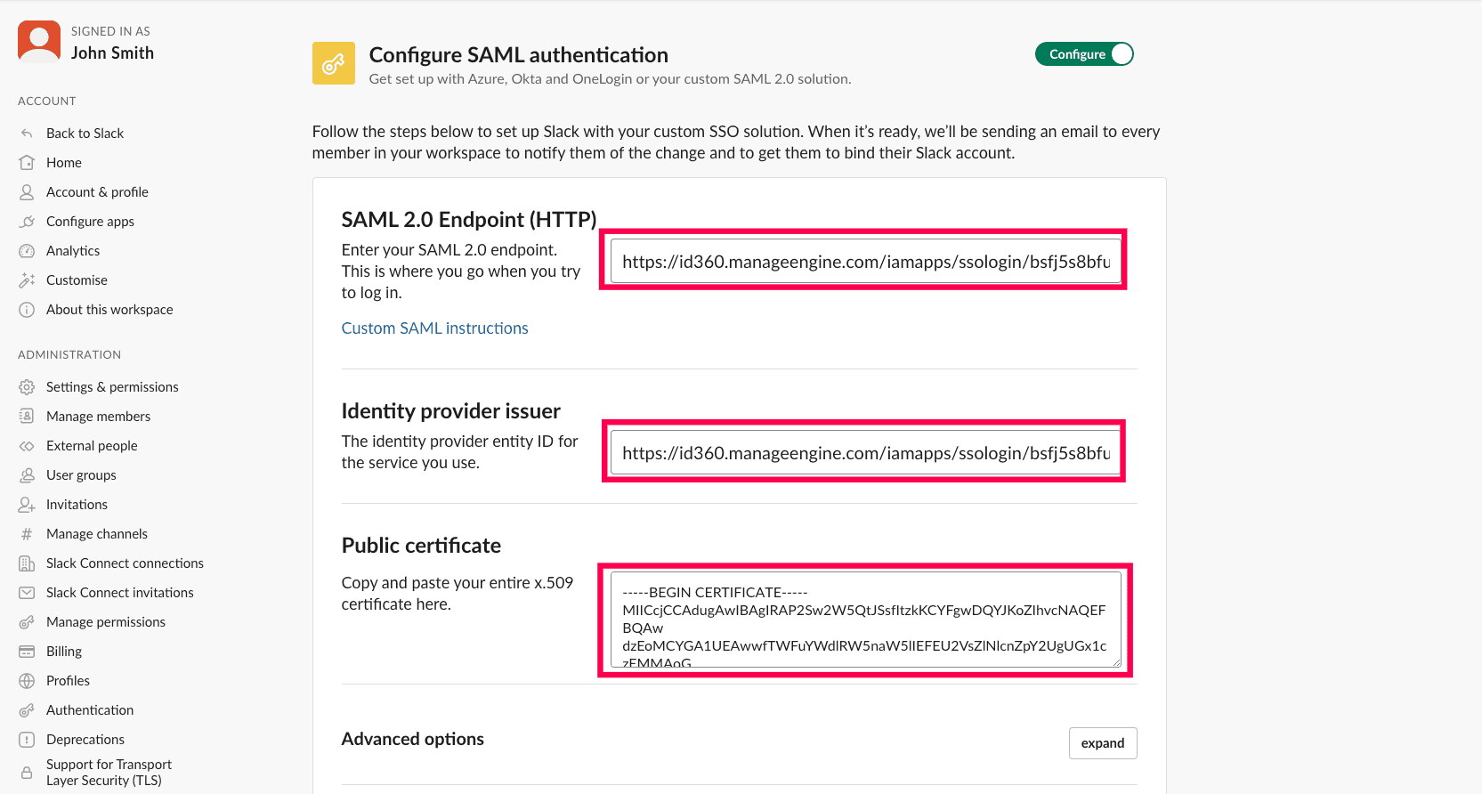 Slack SAML configuration details