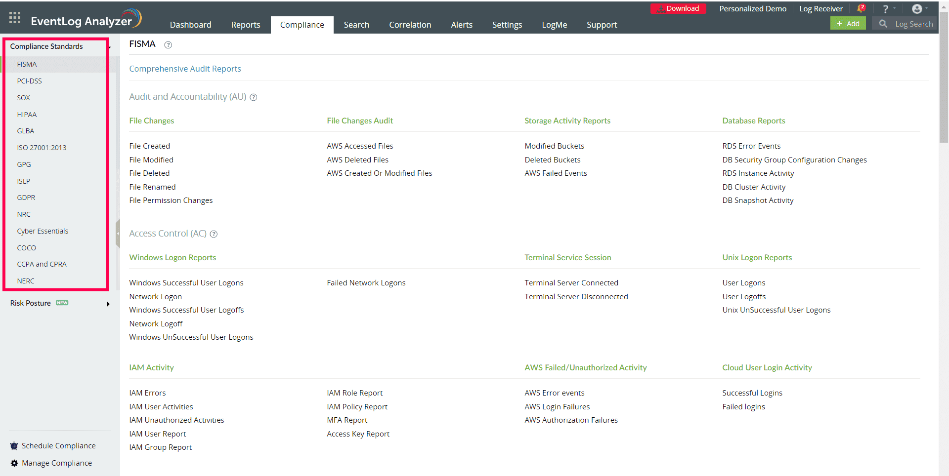  Reports of different compliance standards in Log360