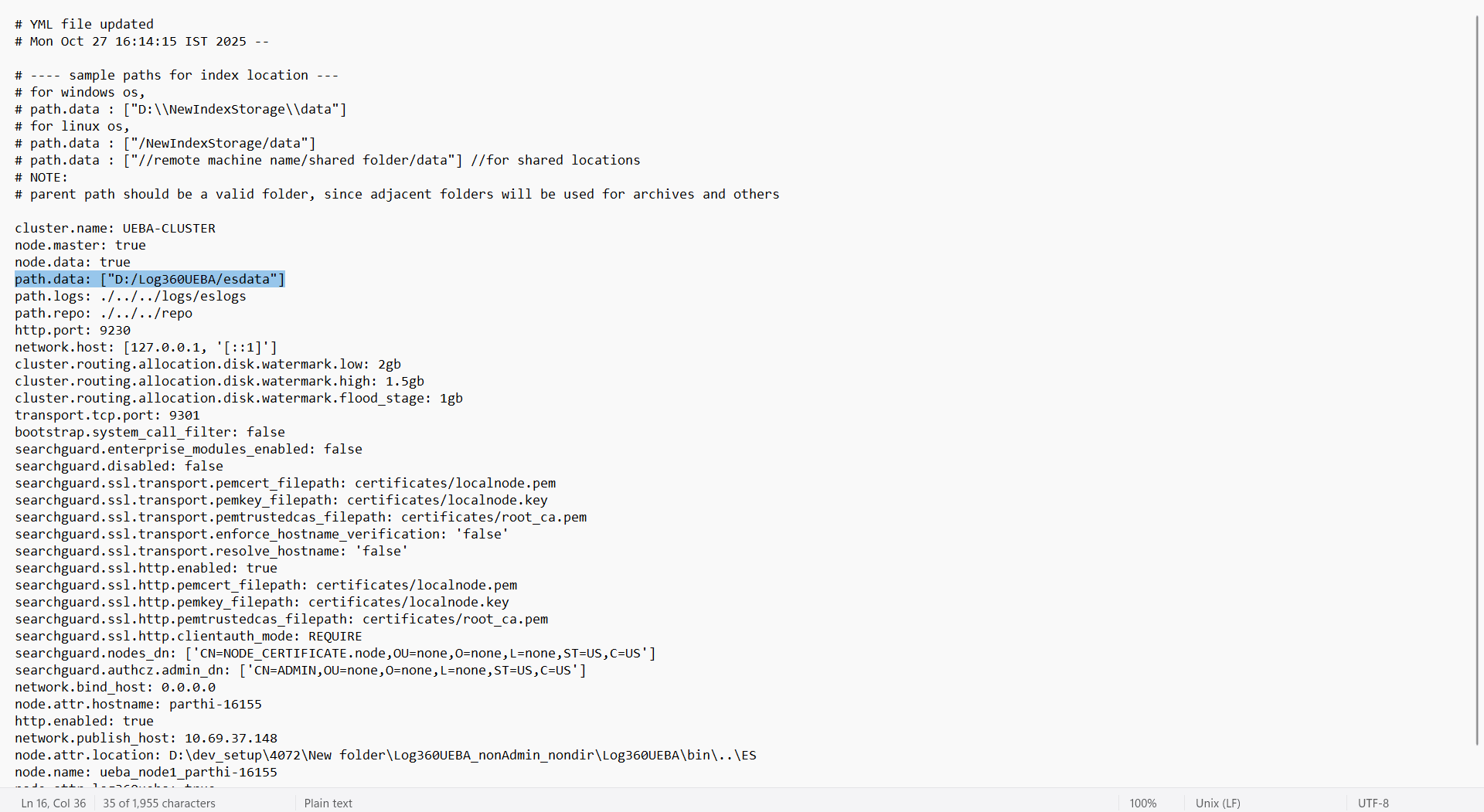 To change the Elasticsearch data folder location
