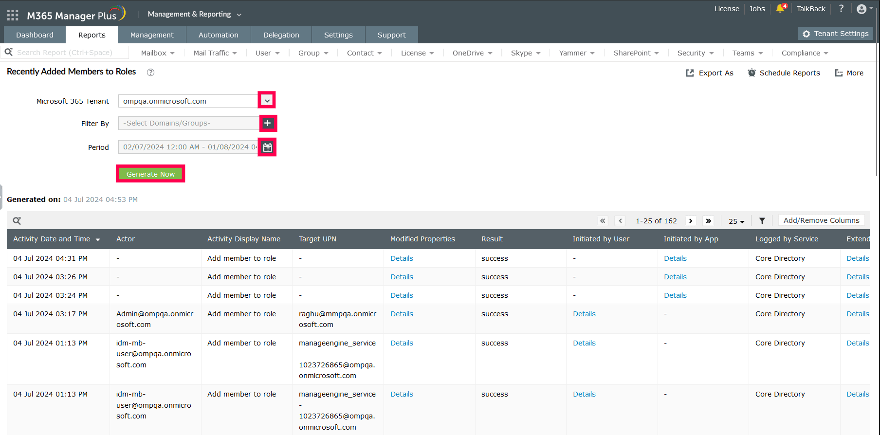 The Recently Added Members to Role report configured to search for members added to a role in the last seven days.