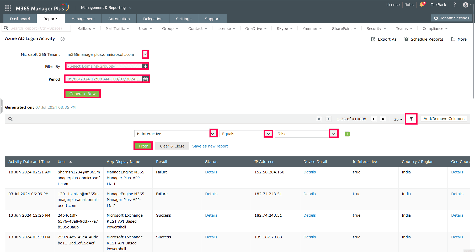 The Azure AD Logon Activity report with a custom filter configured to generate the details of application sign-ins.