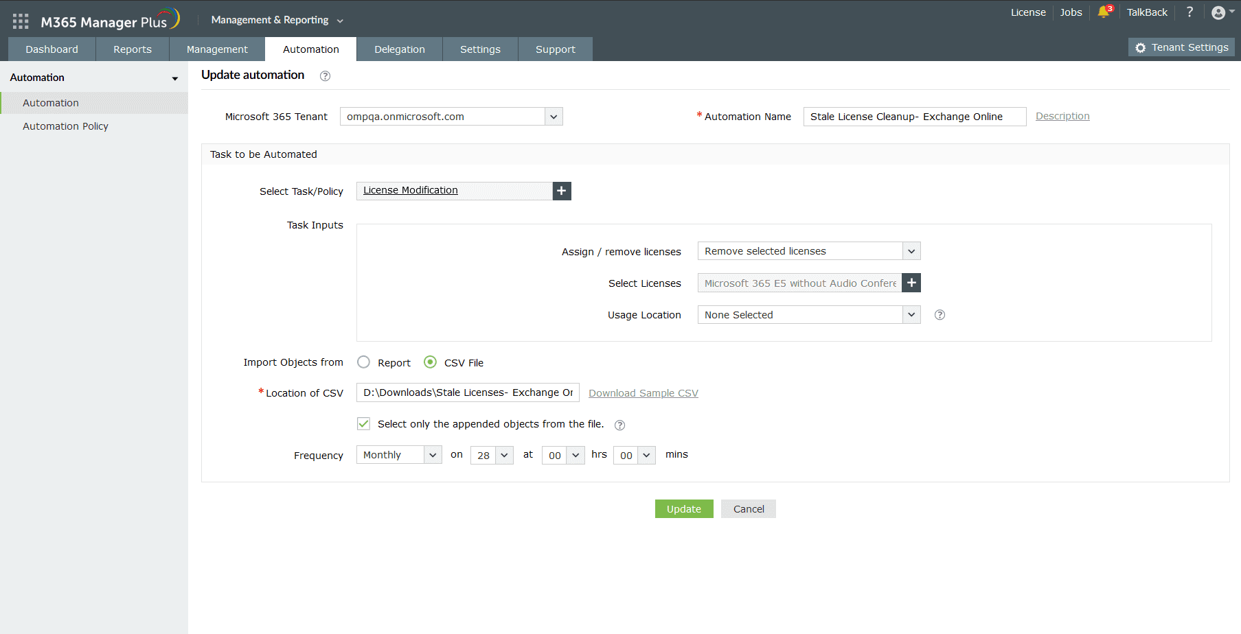 The Create New Automation page with the settings configured to automate the removal of inactive licenses of users in Microsoft Entra ID, at the 28th of every month at 00:00 .