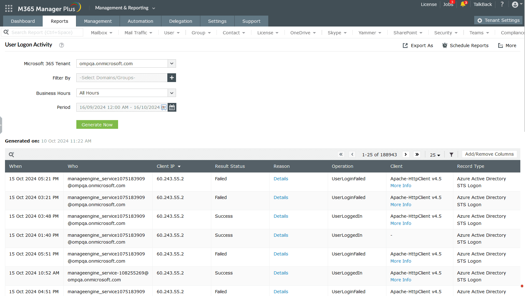 The Users Logon activity report in M365 Manager Plus displaying the users' user principal name, display name, login result, client IP and the client used for the login activity.