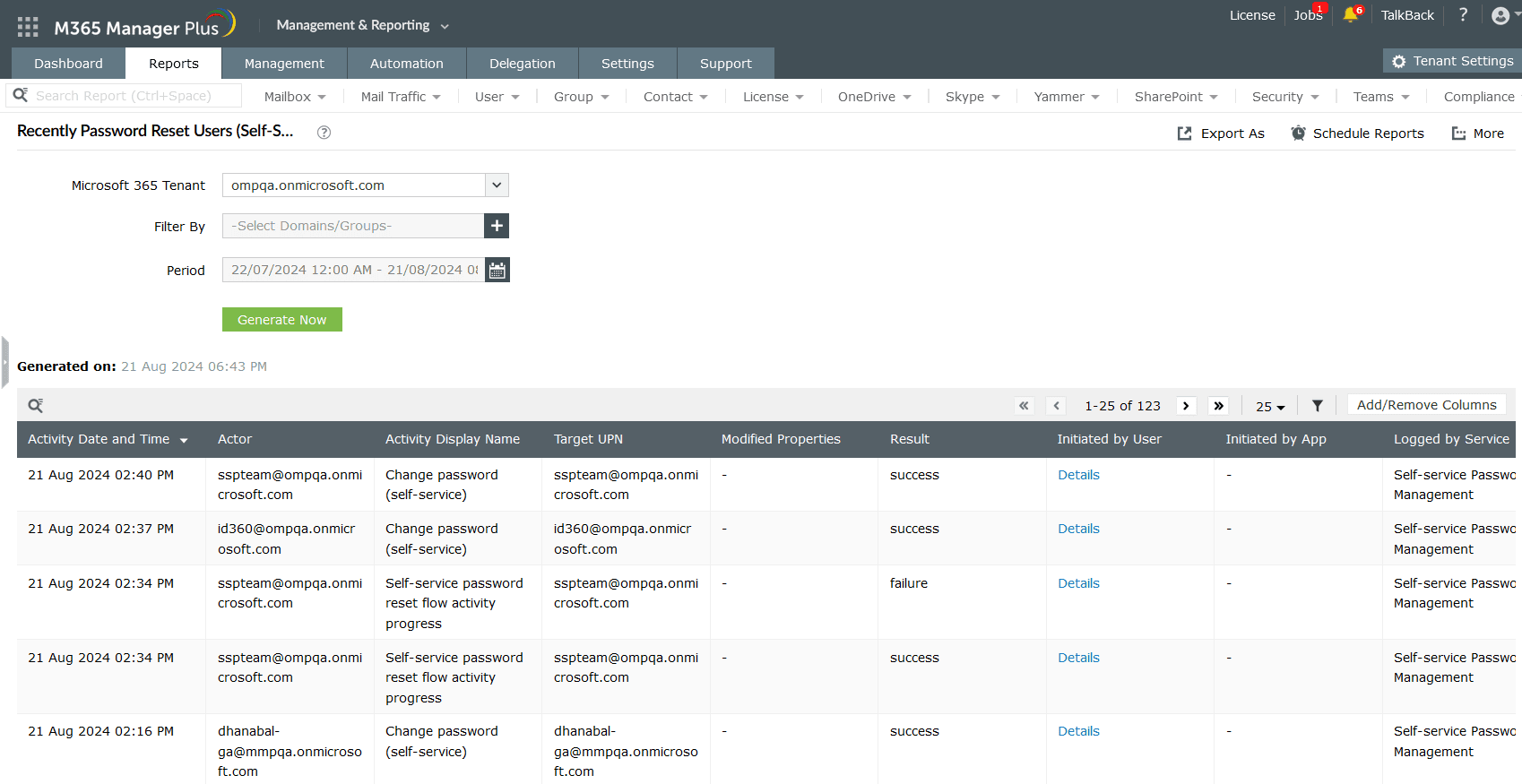 The Recently Password Reset Users (Self-Service) report configured to display self-service password resets by users. 