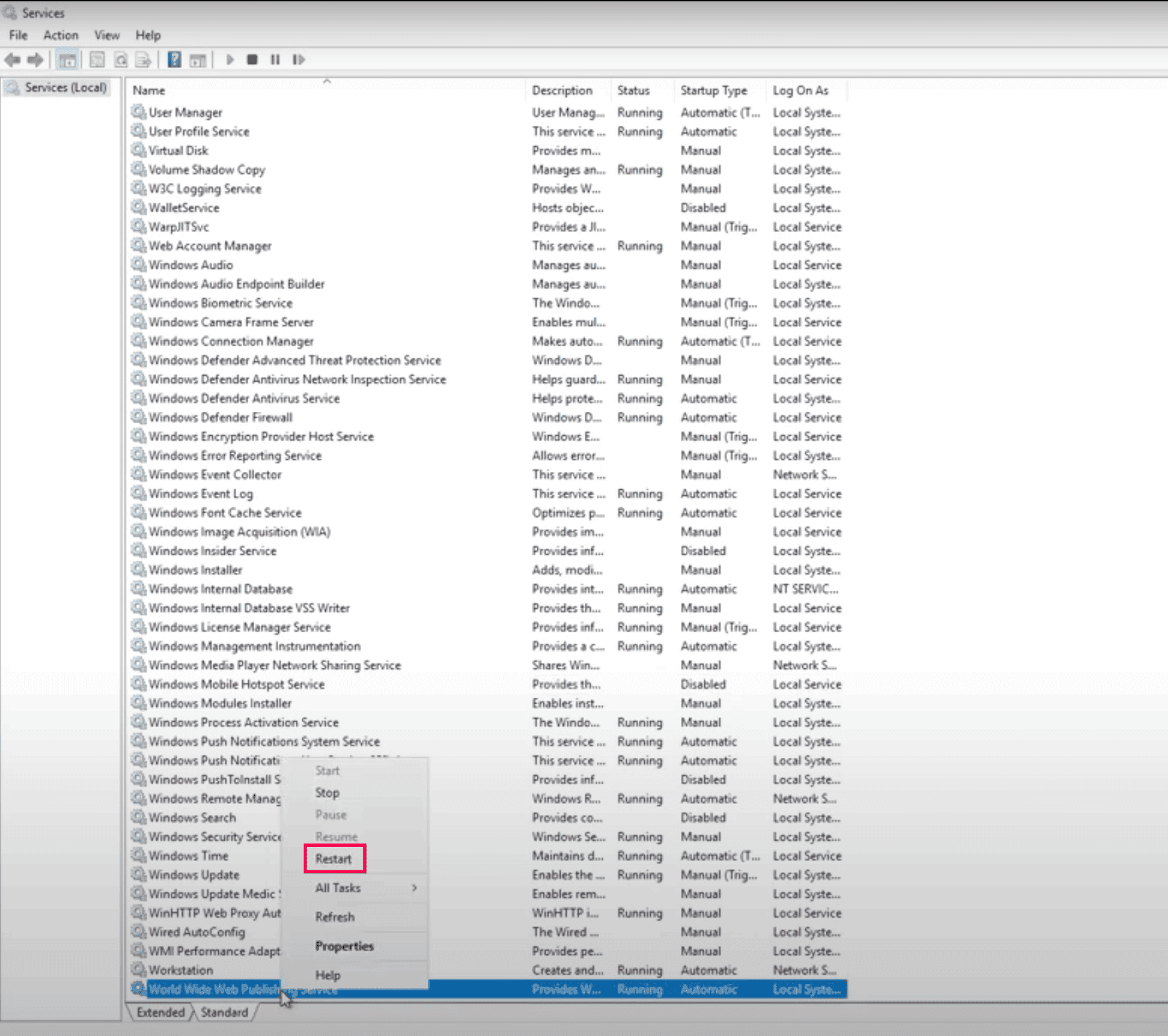 Reset IIS using Windows Services