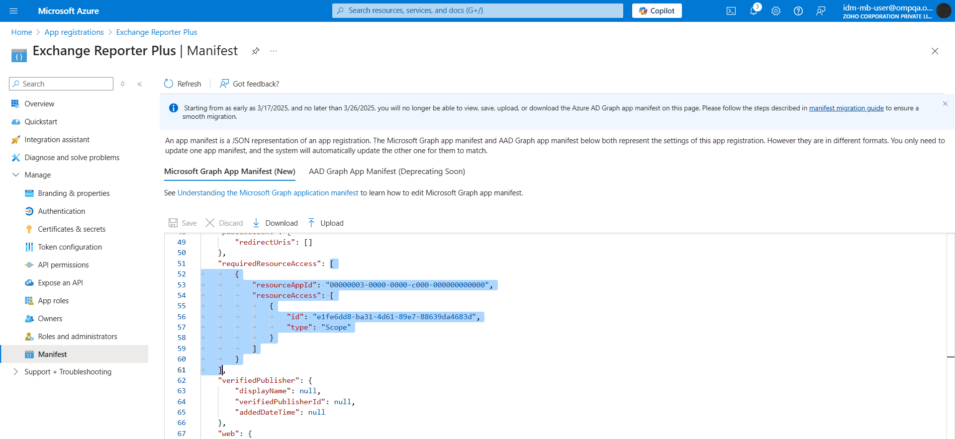 Configuring the Manifest section for Azure Global in Azure AD.