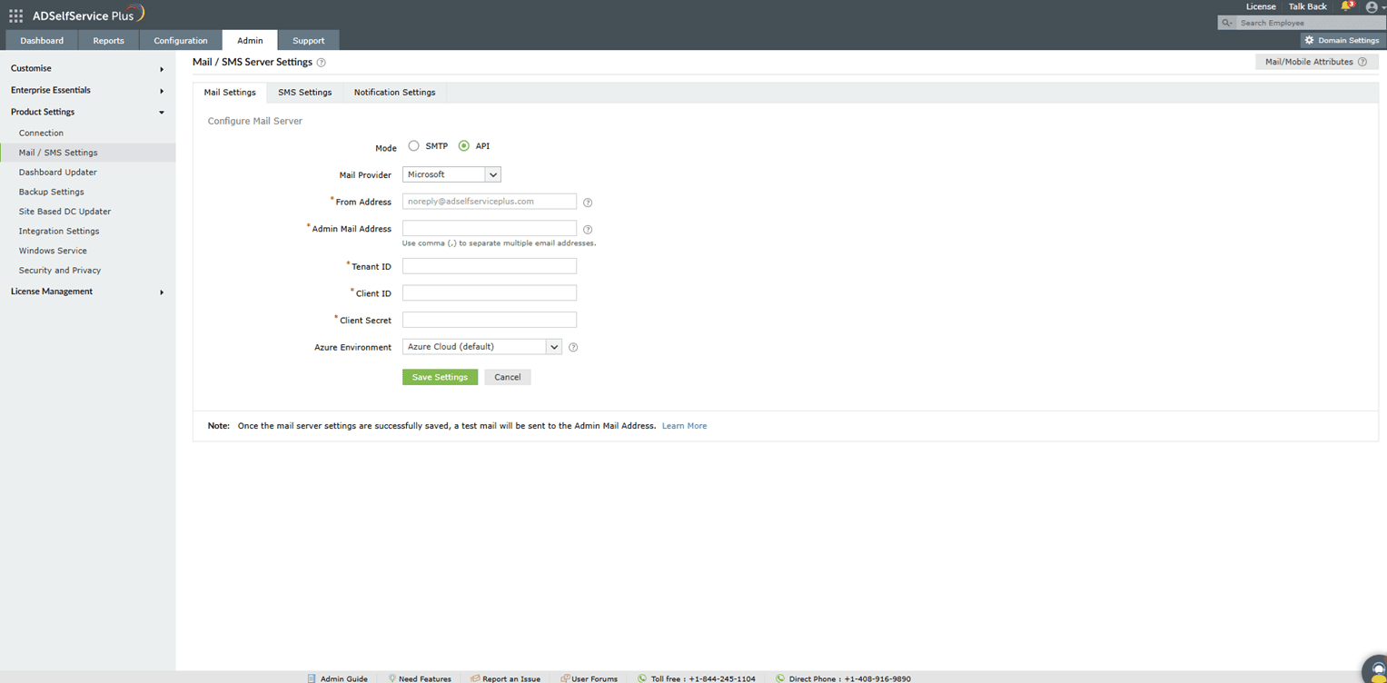 config_mail API integration mail server settings in ADSelfService Plus