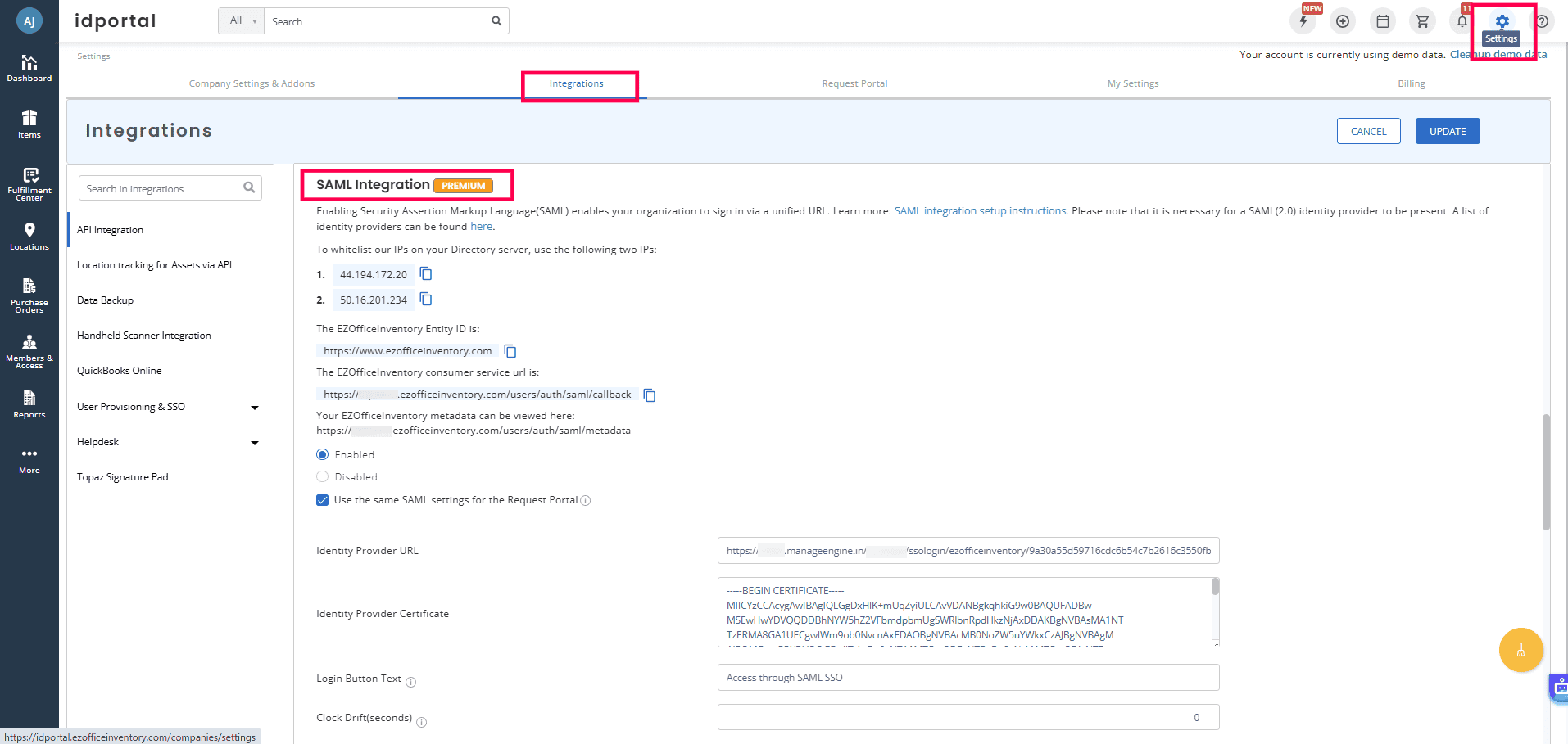 Overview of the EZOfficeInventory SSO settings