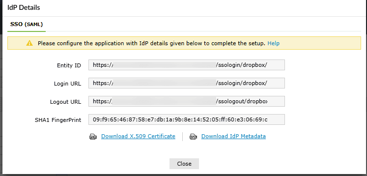 IdP details in ADSelfService Plus for Dropbox SSO