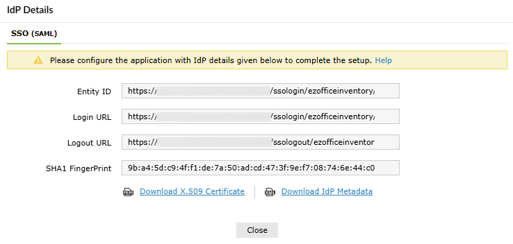 IdP details in ADSelfService Plus for EZOfficeInventory SSO