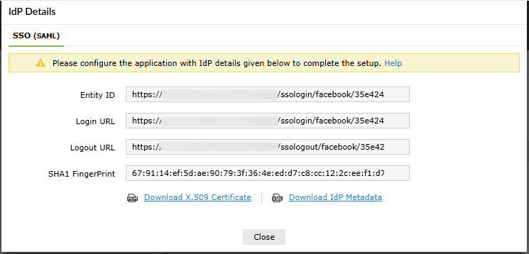 IdP details in ADSelfService Plus for Workplace SSO
