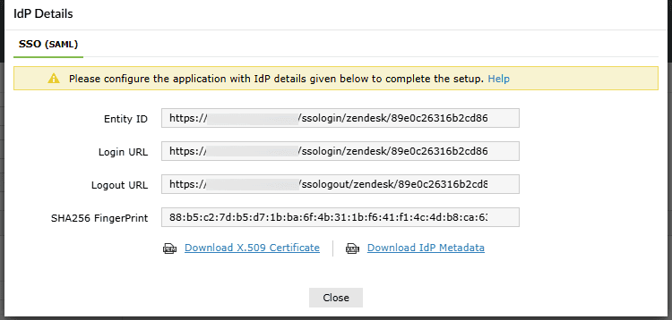 IdP details in ADSelfService Plus for Zendesk SSO