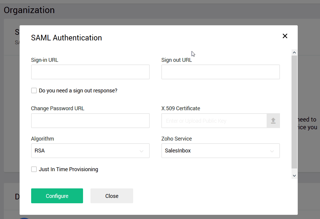 Overview of Zoho's SSO settings while configuring SAML SSO via ADSelfService Plus