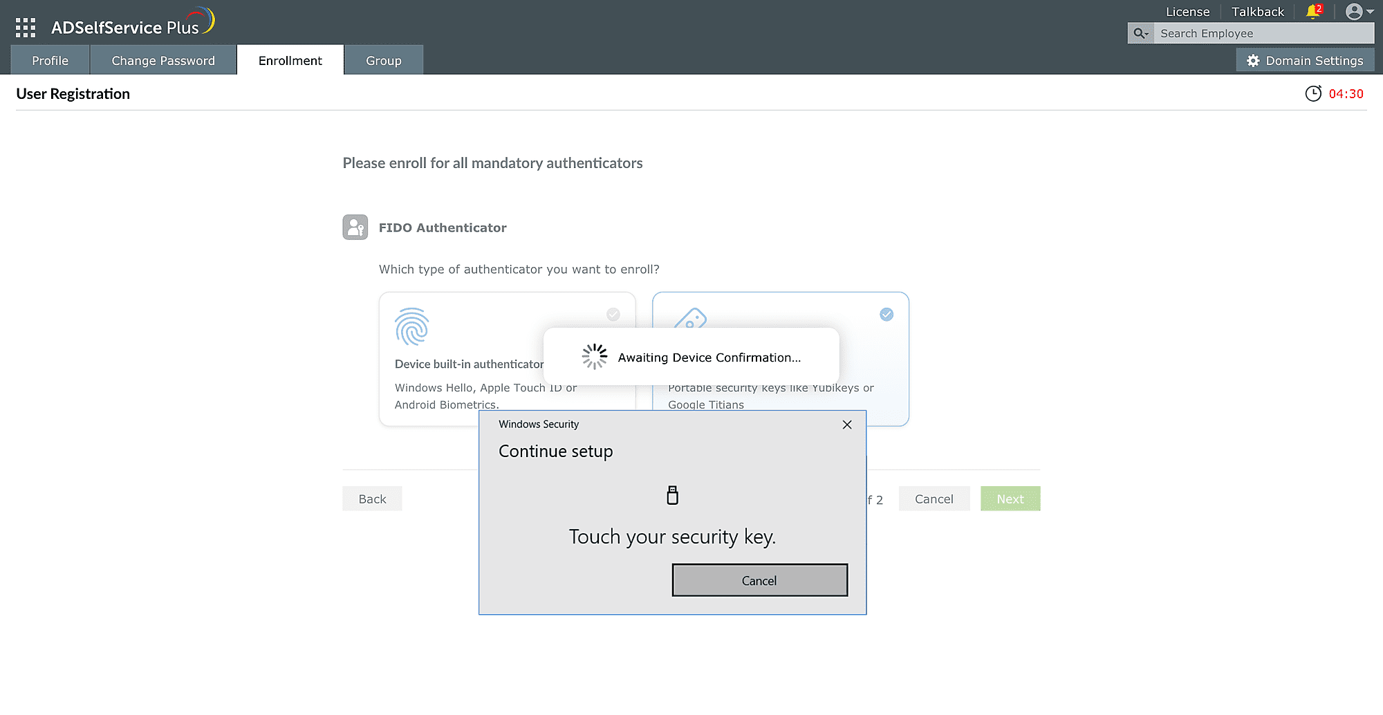 Enrolling in ADSelfService for FIDO Passkeys security keys