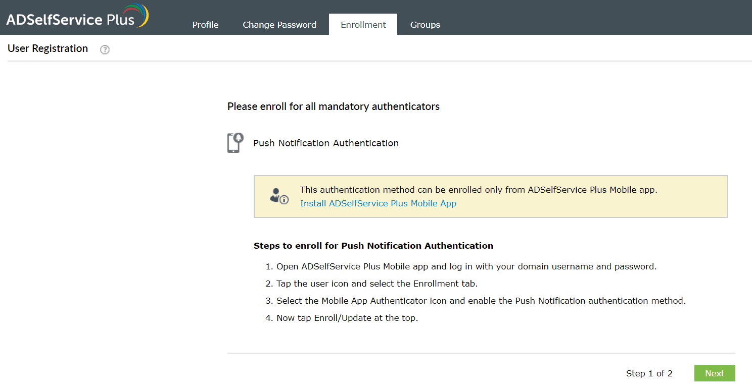 Enrolling in ADSelfService Plus' Push Notification authenticator