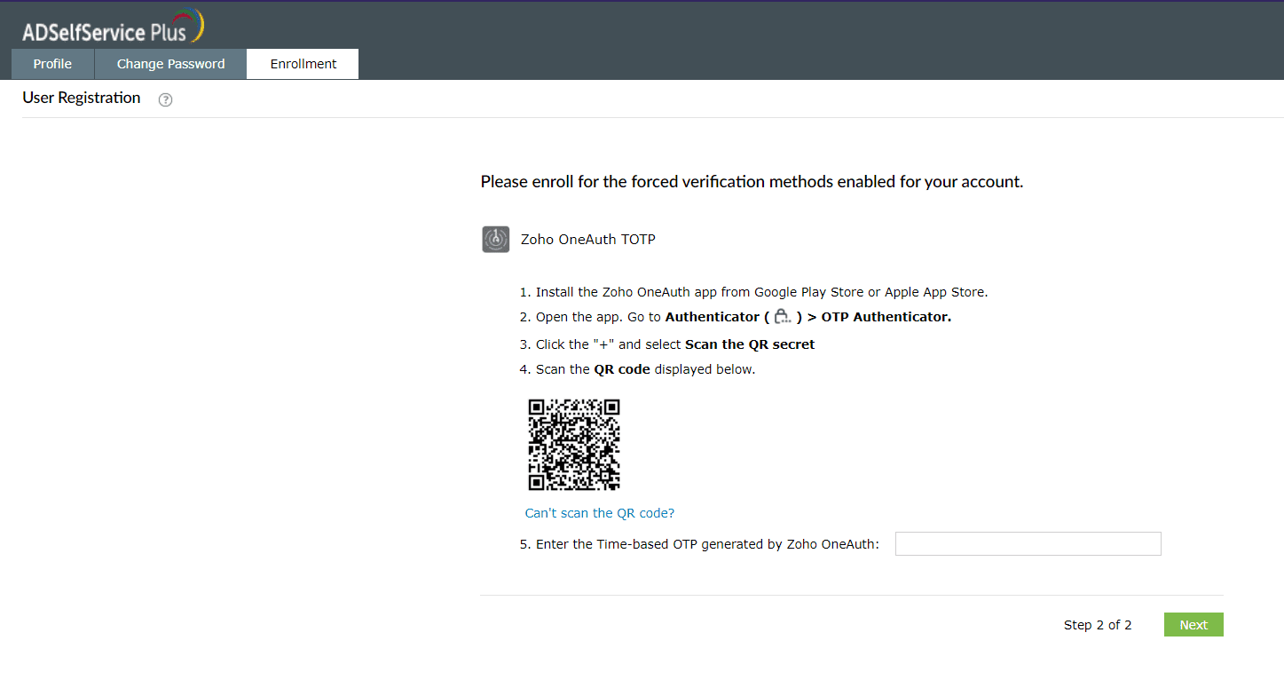 Enrolling in ADSelfService Zoho OneAuth TOTP