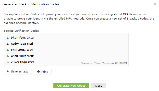 List of backup verification codes in ADSelfService Plus