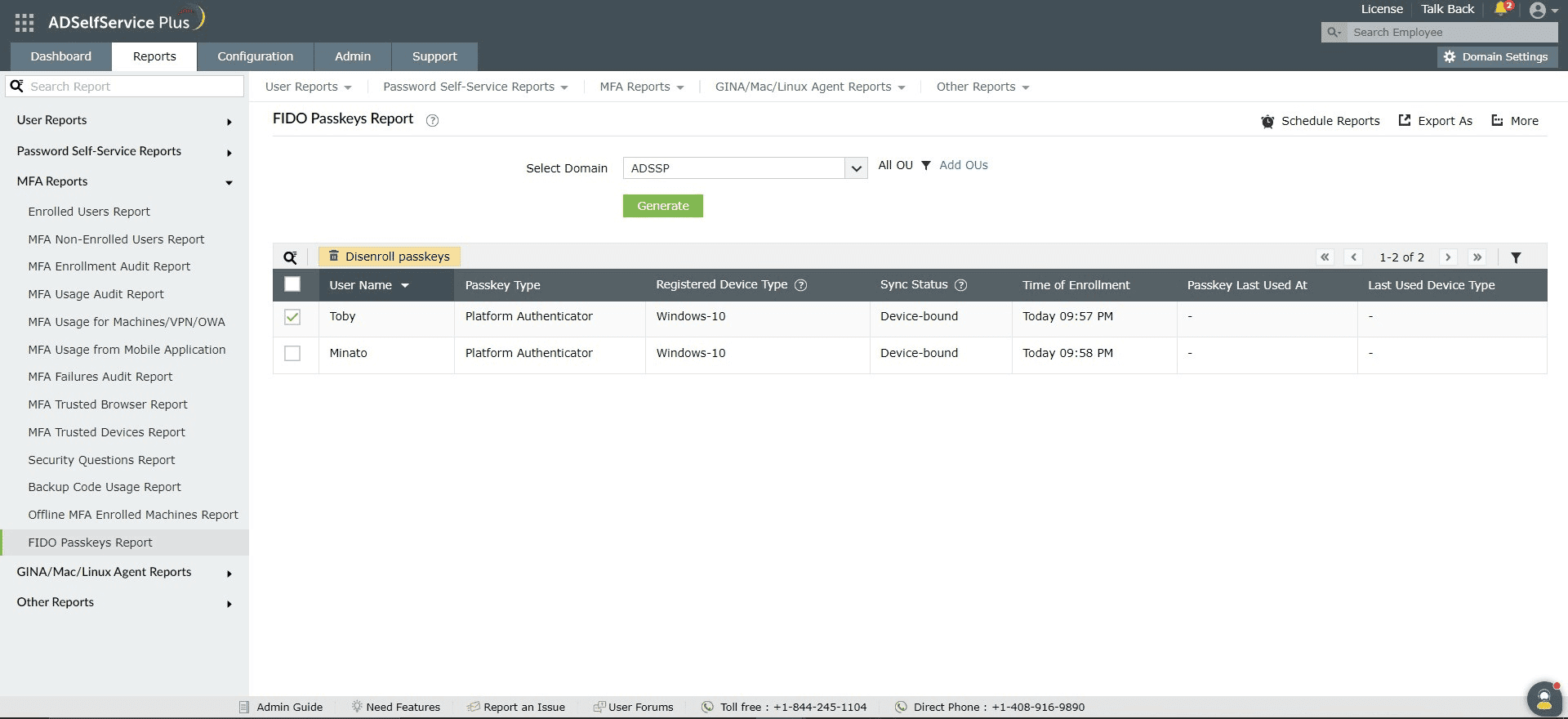 Fig. 24: FIDO Passkeys Report in ADSelfService Plus.