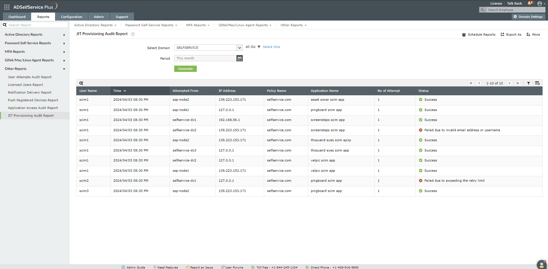 Fig. 32: JIT Provisioning Audit Report in ADSelfService Plus.