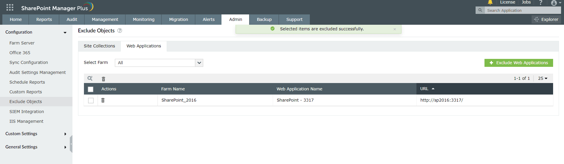 A completed task on excluding Web Applications in SharePoint Manager Plus