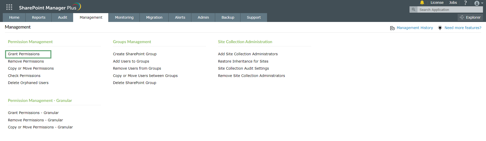 Navigating to Grant Permissions feature in SharePoint Manager Plus