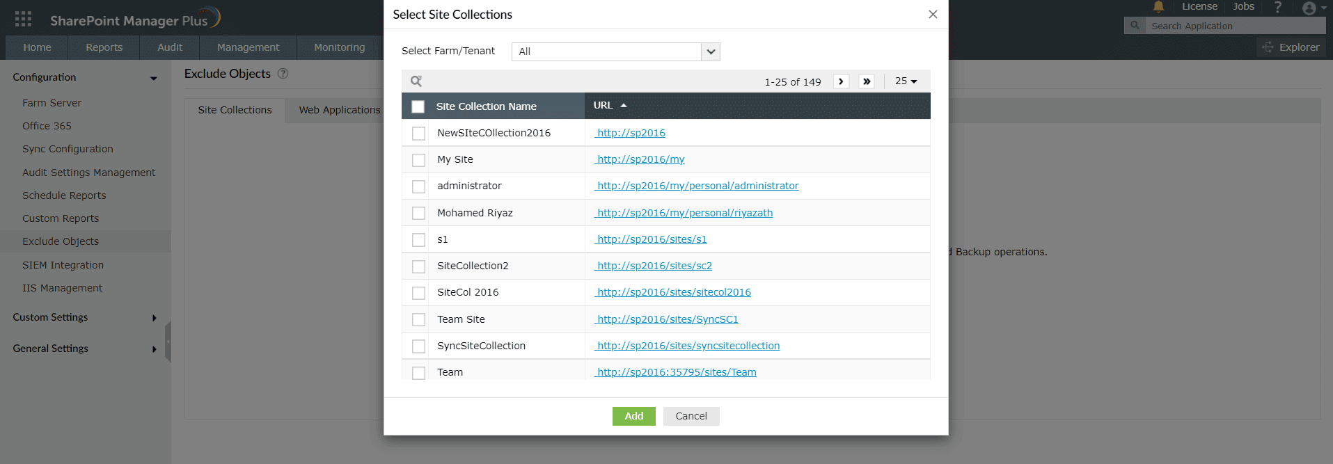 Excluding Site Collections from synchronizing data using SharePoint Manager Plus