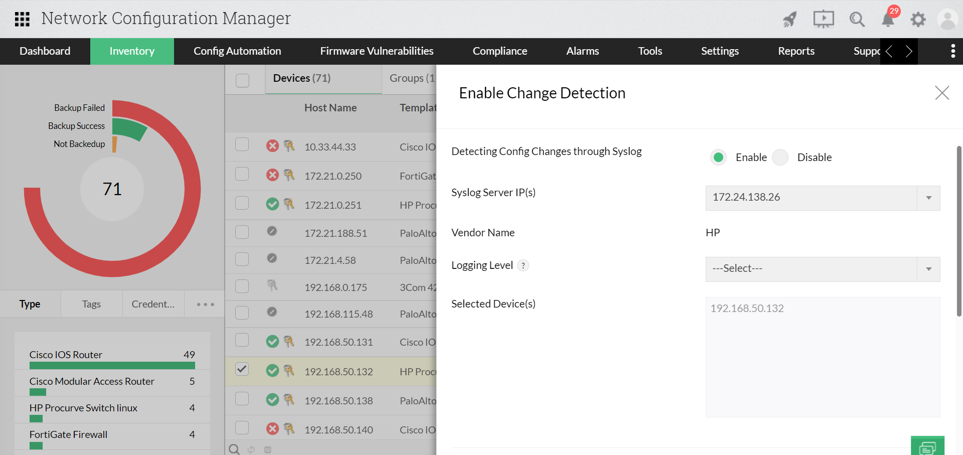 Syslog-basiertes automatisches Netzwerkkonfigurations-Backup - ManageEngine Network Configuration Manager