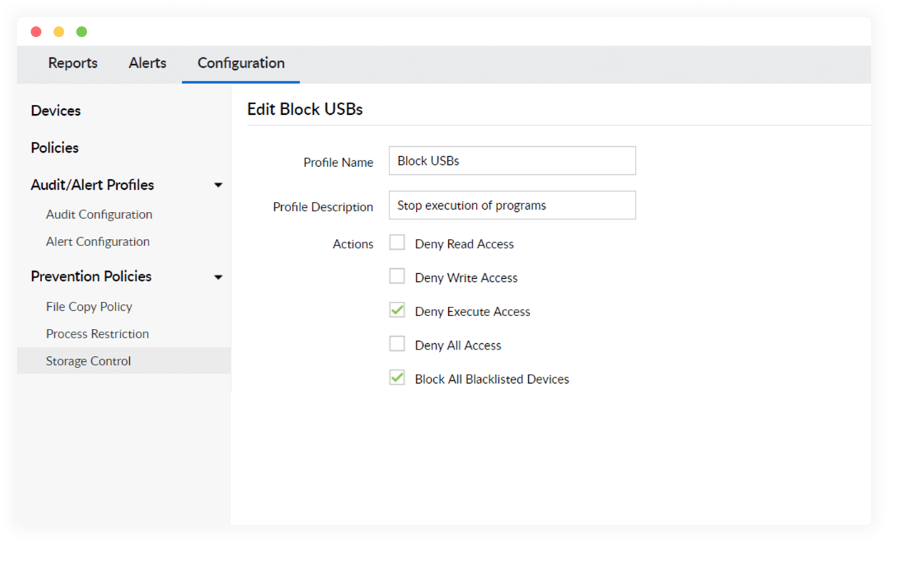 Control user actions in USBs