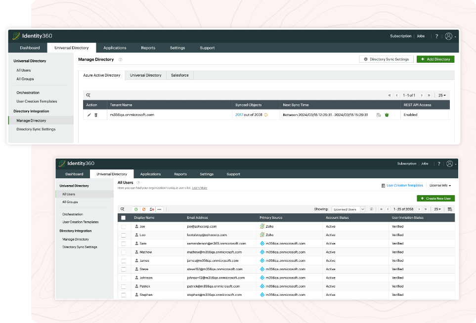 ManageEngine Identity360's directory management dashboard