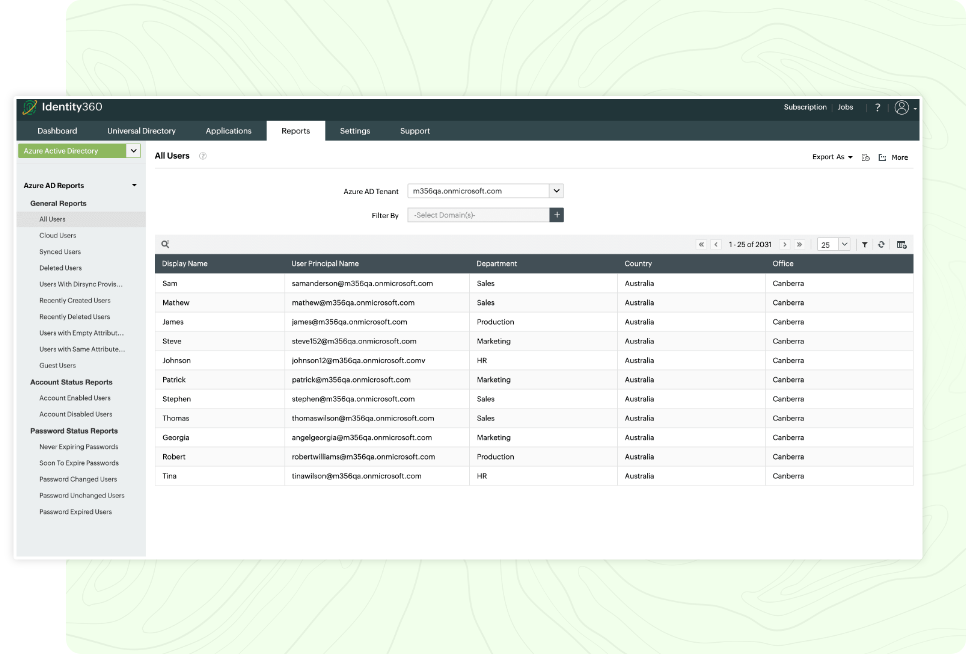 ManageEngine Identity360's all users reports