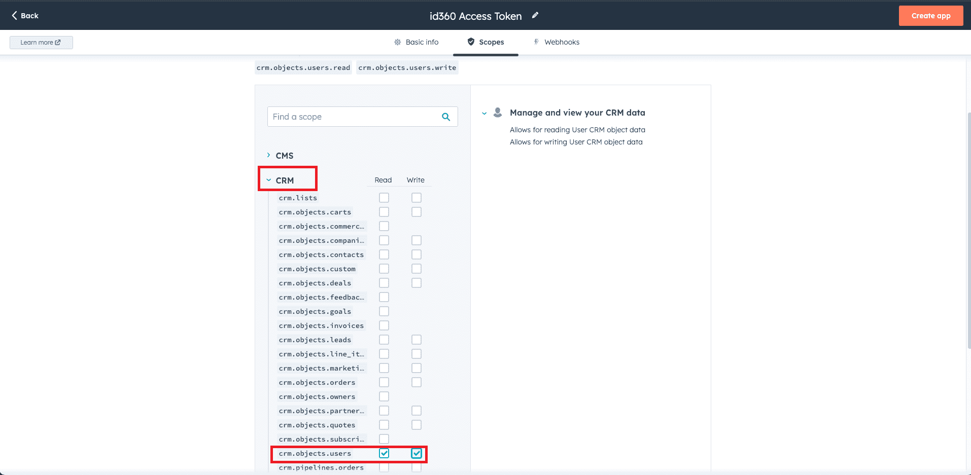 HubSpot CRM scopes configuration