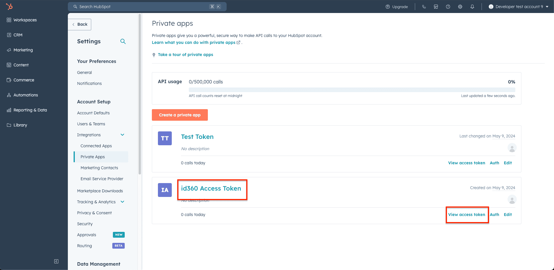 HubSpot private apps settings