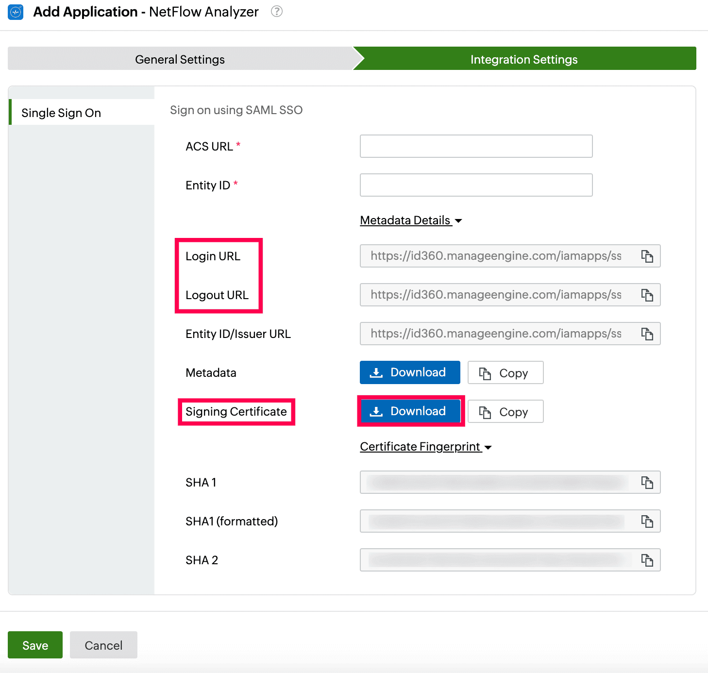 Identity360 application configuration integration settings