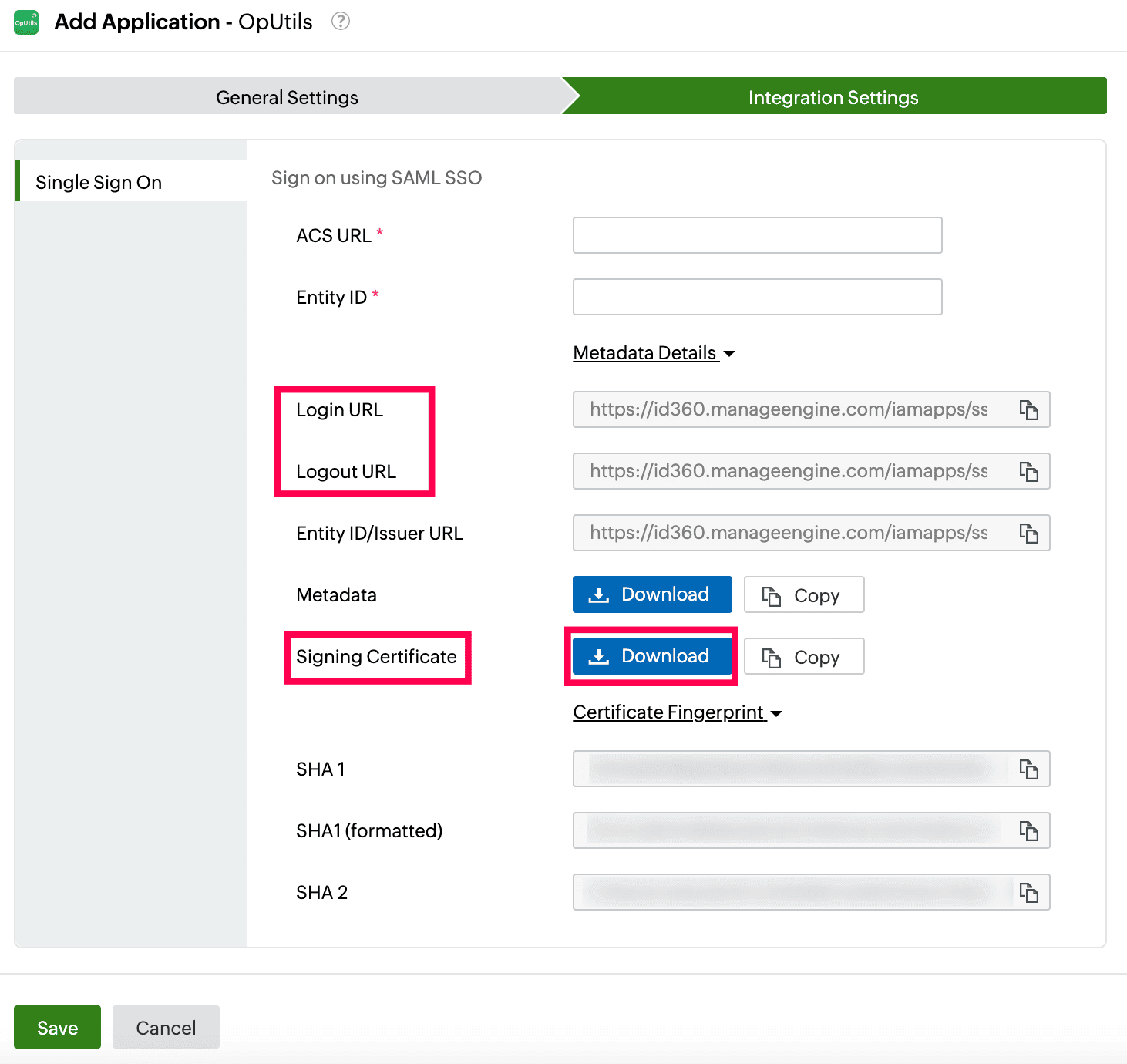 Identity360 application configuration integration settings