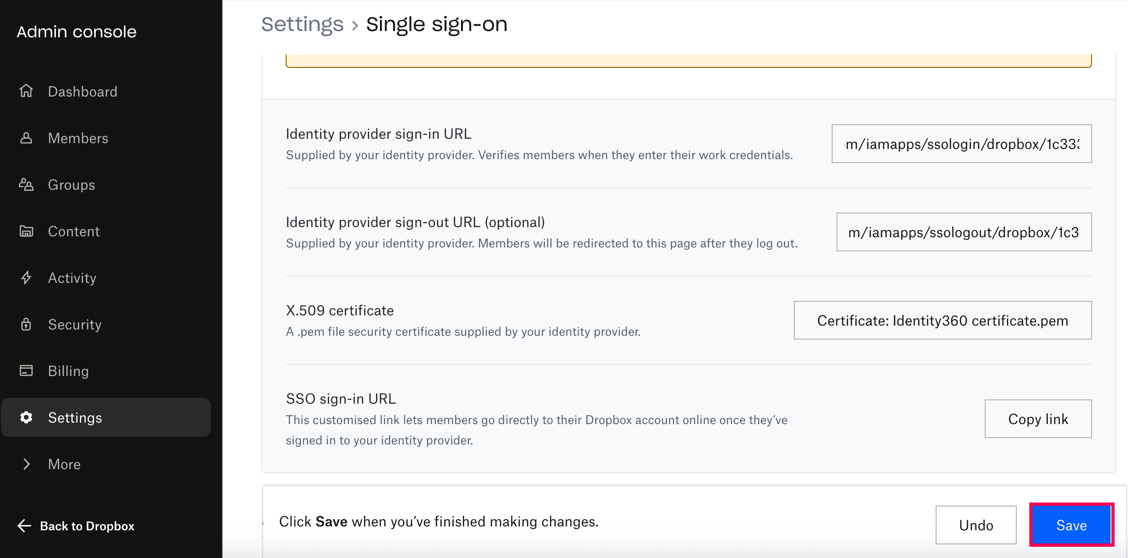 Saving SSO configuration in Dropbox